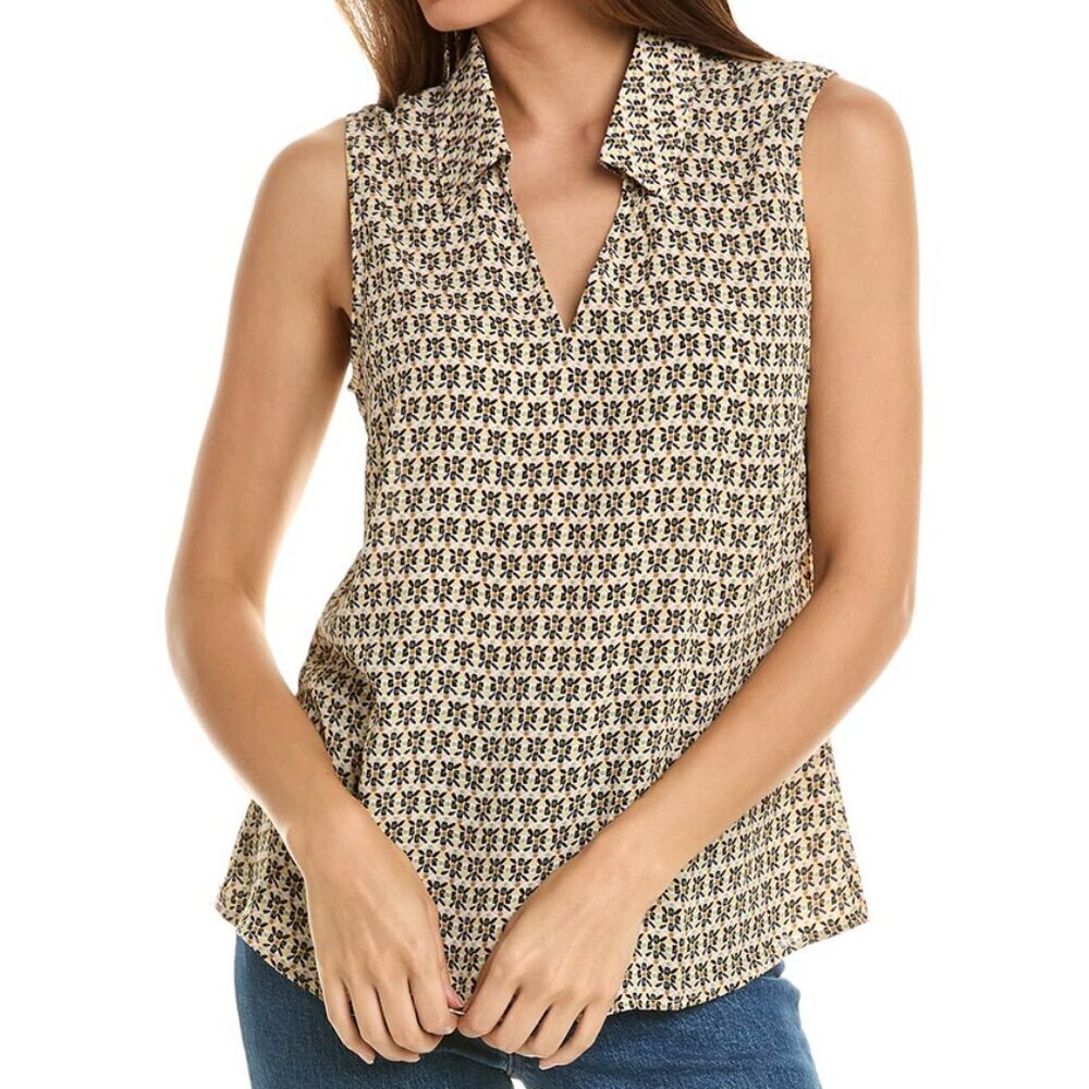 CAbi Bit map top blouse shirt sleeveless yellow geometric v-neck collar new S